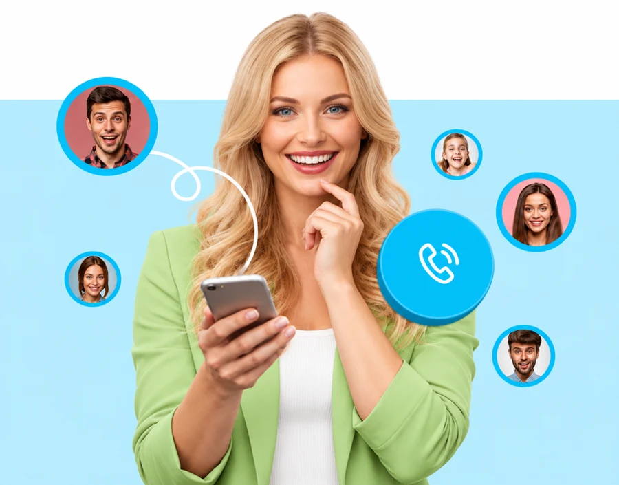 Femme blonde souriante en blazer vert clair passant un appel téléphonique gratuit en ligne